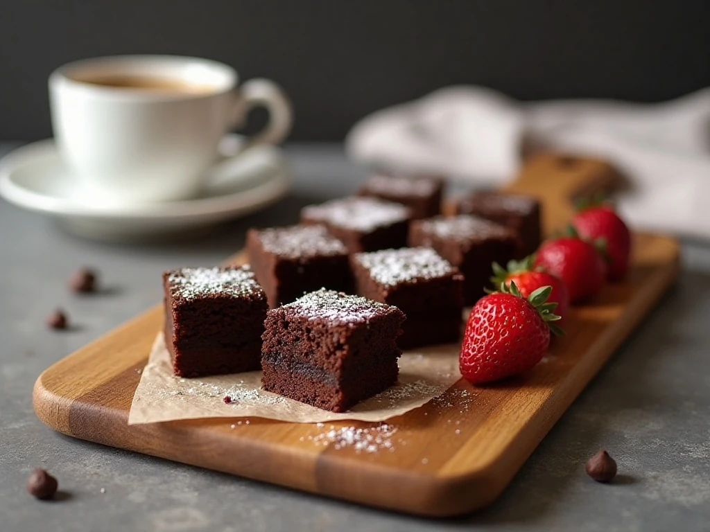 Mini brownie bites served with berries and coffee