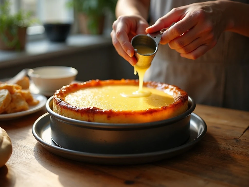 Checking the slightly wobbly center of baked yogurt cheesecake