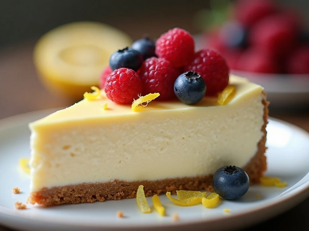 Cheesecake slice with berries and lemon zest