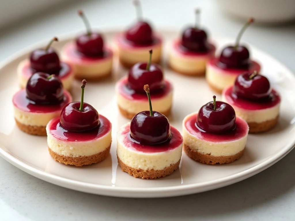 Mini cherry cheesecake bites arranged on a serving platter