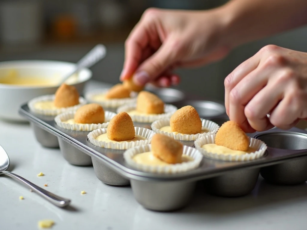 Preparing vanilla wafer crusts and cheesecake batter in a muffin pan