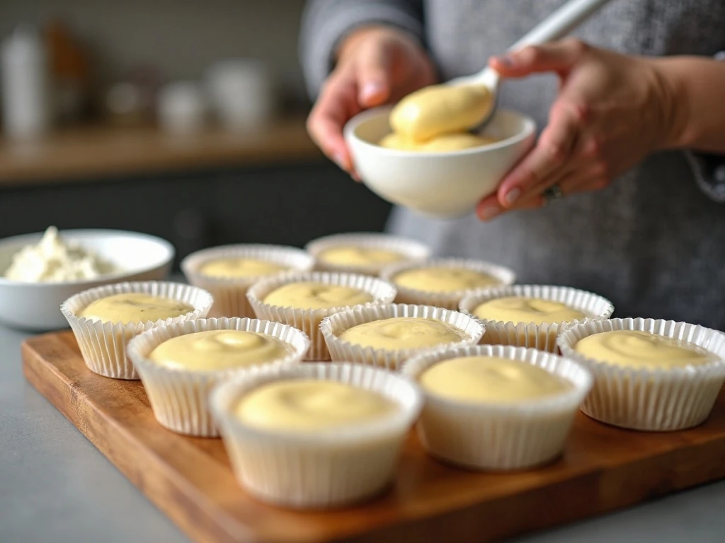 Portioning smooth cheesecake batter into muffin cups