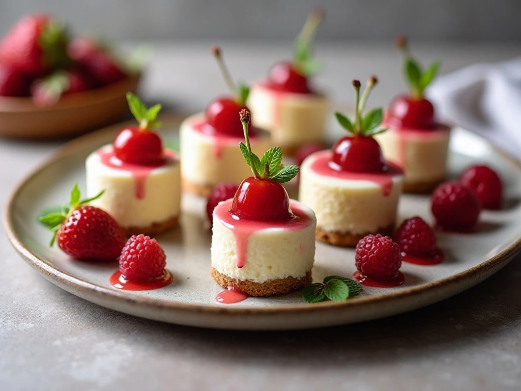 Cherry cheesecake bites served with berries and mint