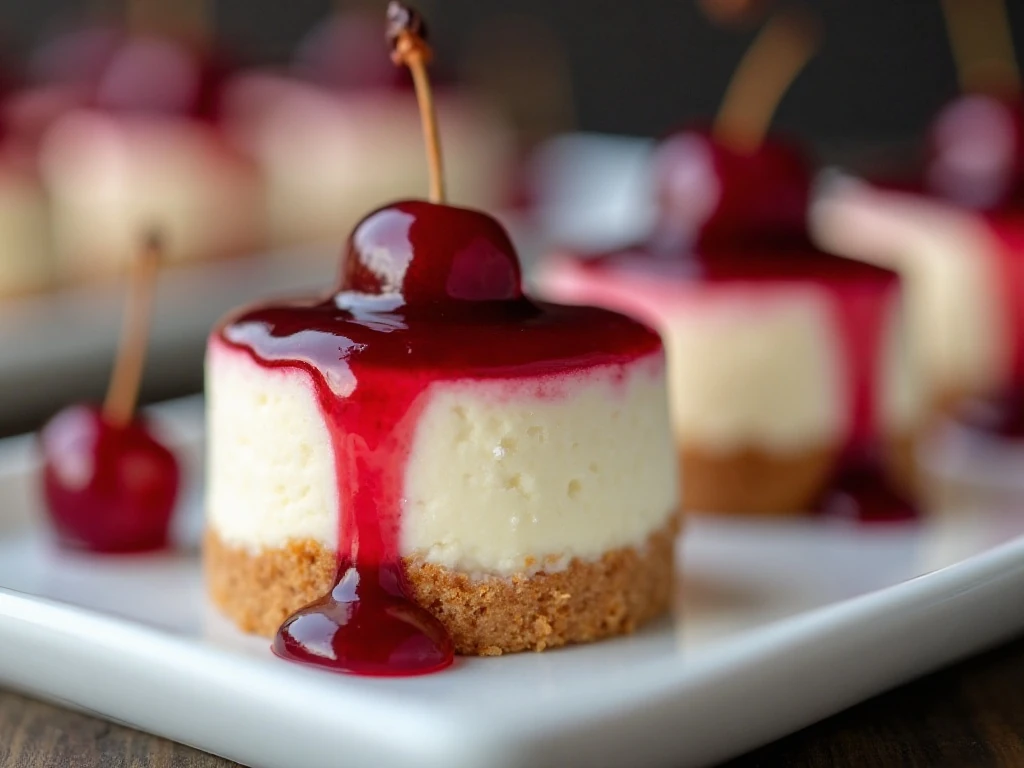 Close-up of a chilled cherry cheesecake bite with cherry topping