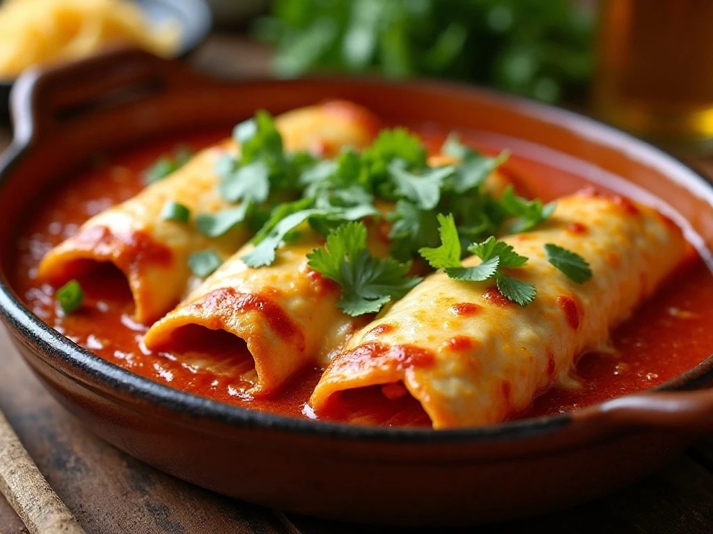Weight Watchers chicken enchiladas served hot with red sauce, melted cheese, green onions, and cilantro
