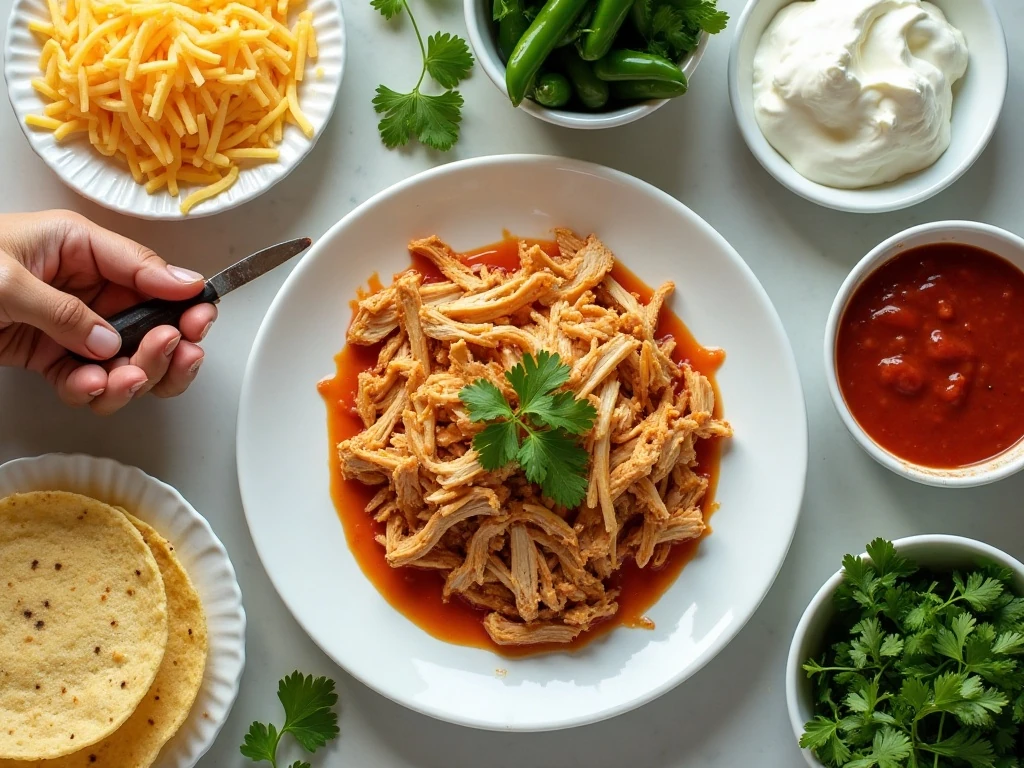 Ingredients for chicken enchiladas including corn tortillas, shredded chicken, sauce, chiles, sour cream, and cheese