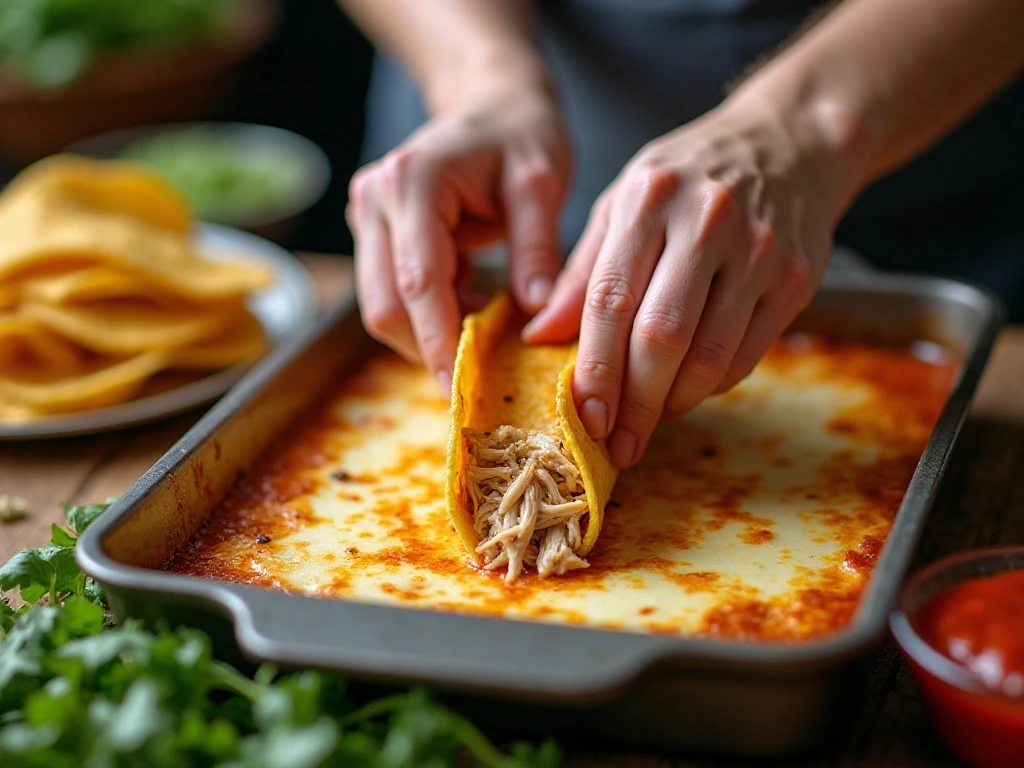Rolling a warmed corn tortilla around chicken filling to make enchiladas