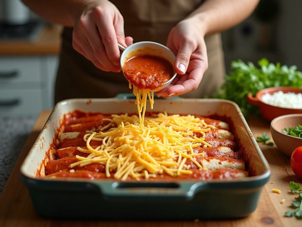 Saucing and topping rolled chicken enchiladas with shredded cheese before baking