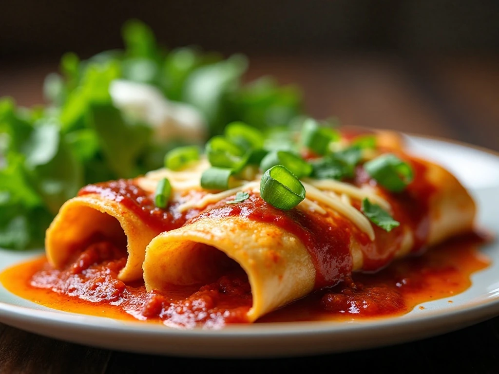 Two garnished chicken enchiladas served with a fresh green salad