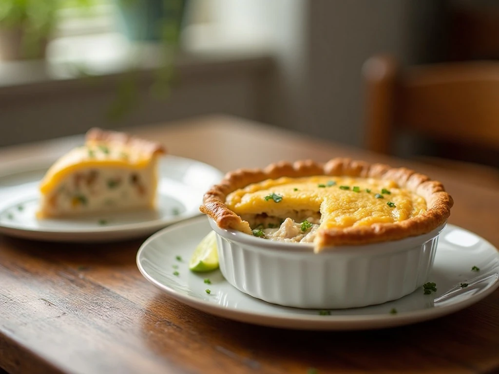 Golden chicken pot pie served with a creamy chicken and vegetable filling