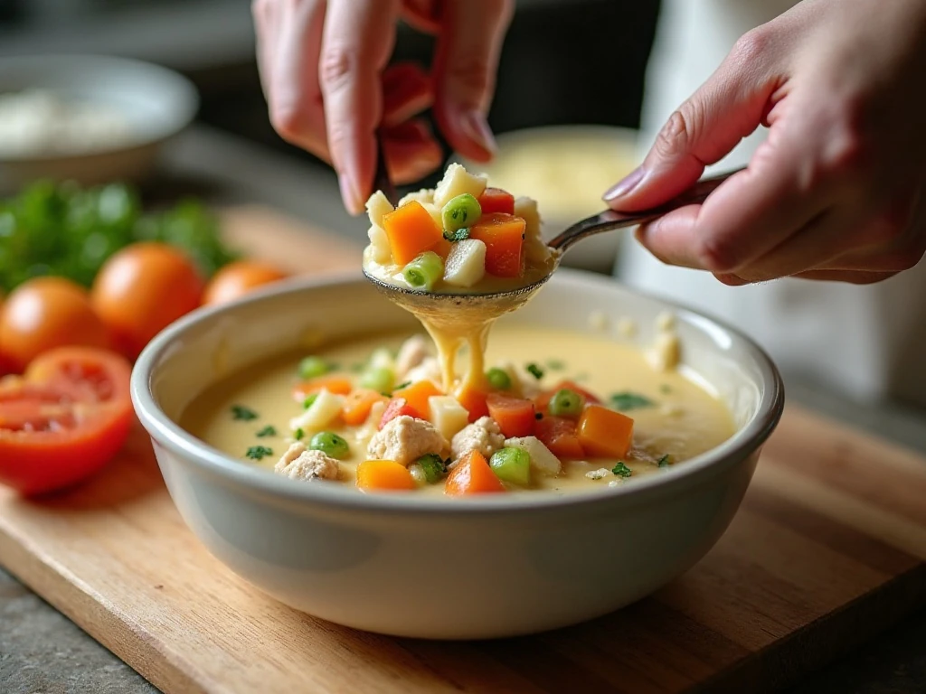Mixing chicken and vegetables into the creamy pot pie filling