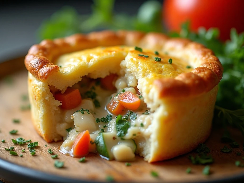 Close-up slice of creamy chicken pot pie with golden crust