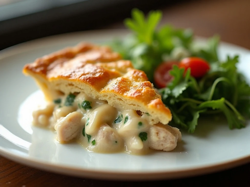 Reheated chicken pot pie served for an easy dinner