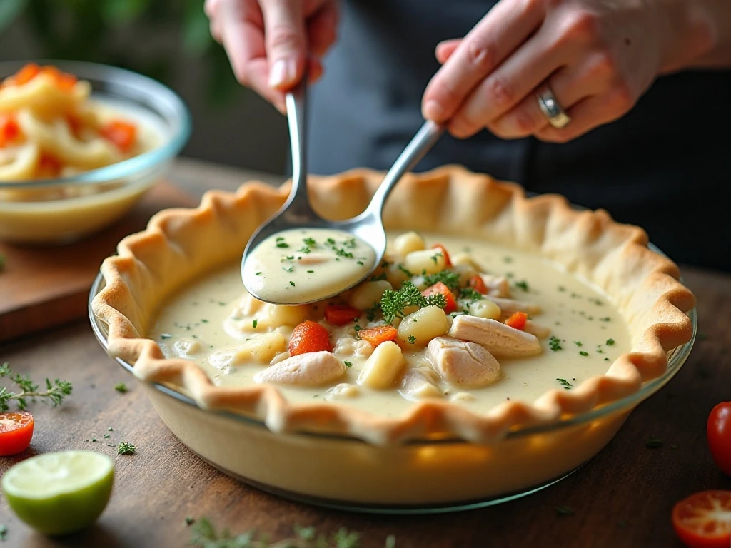 Mixing the creamy chicken pot pie filling