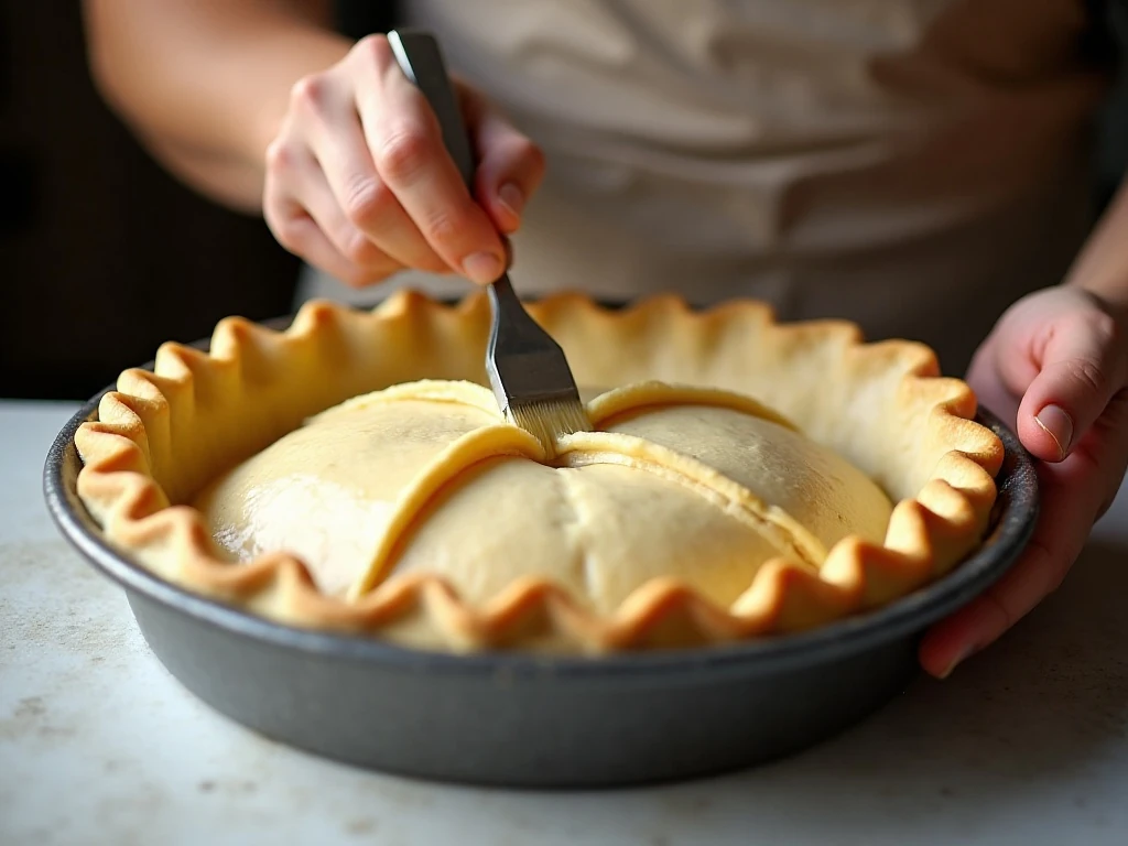 Venting and brushing the chicken pot pie crust