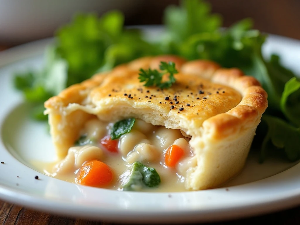Sliced chicken pot pie served with a light garnish
