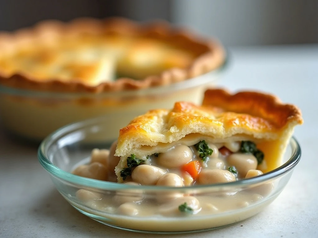 Stored chicken pot pie portion for reheating