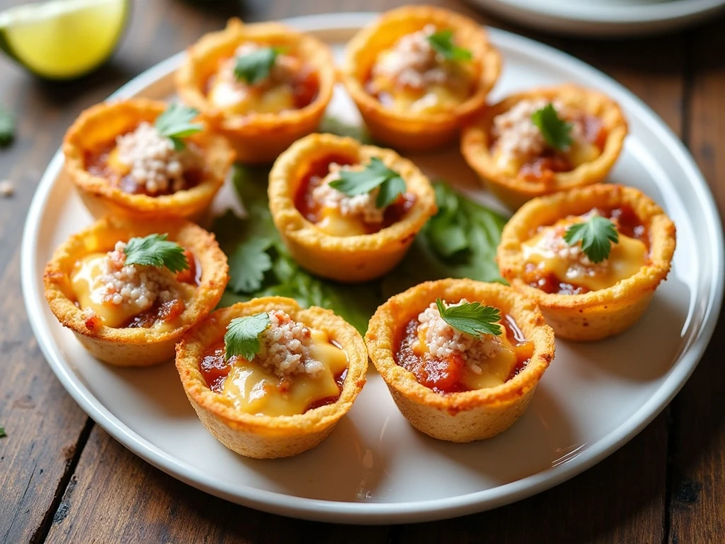 Crisp chicken taco cups arranged on a serving platter