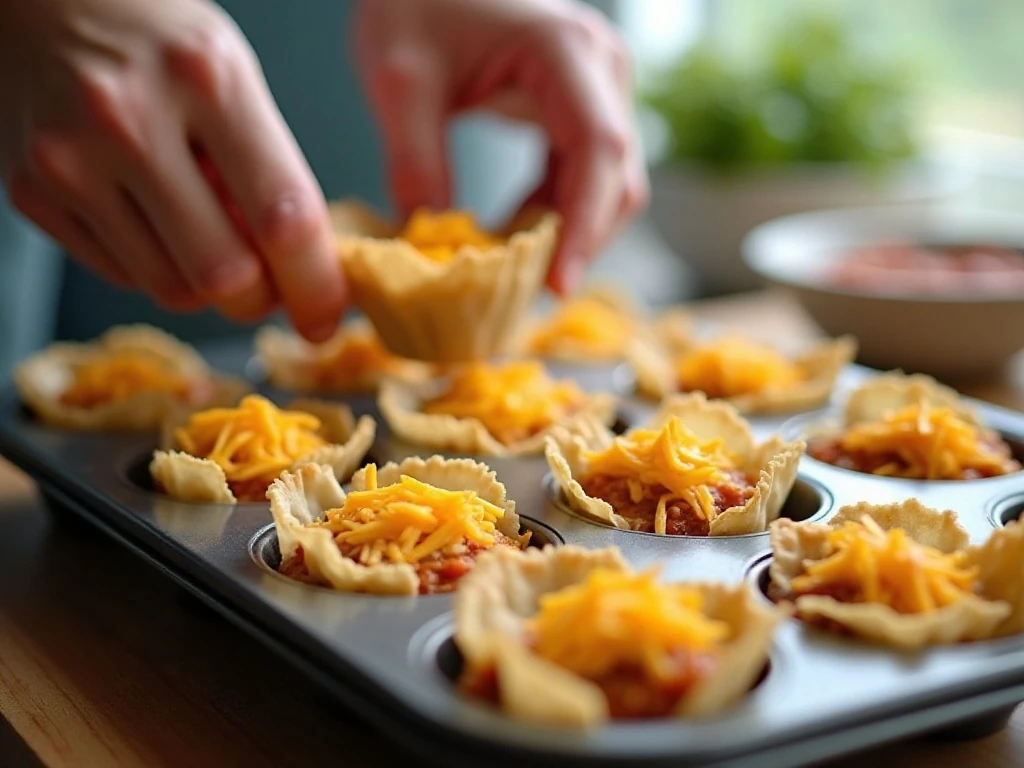 Wonton wrappers being filled with chicken and cheese in a muffin tin