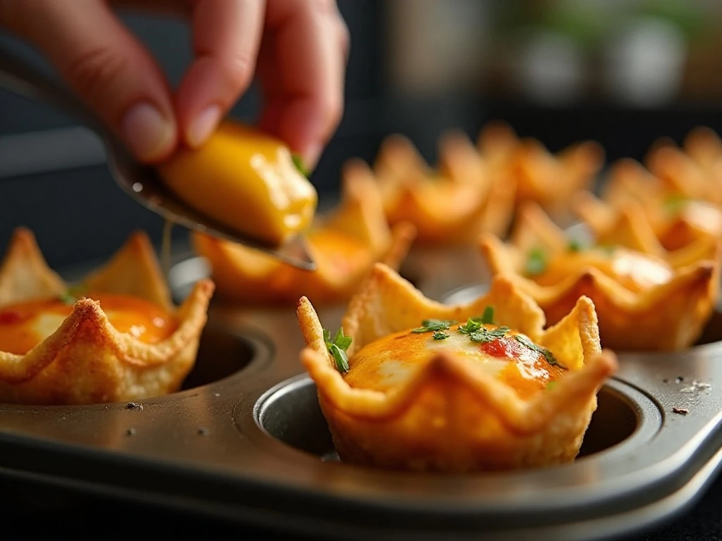 Golden wonton edges on baked chicken taco cups