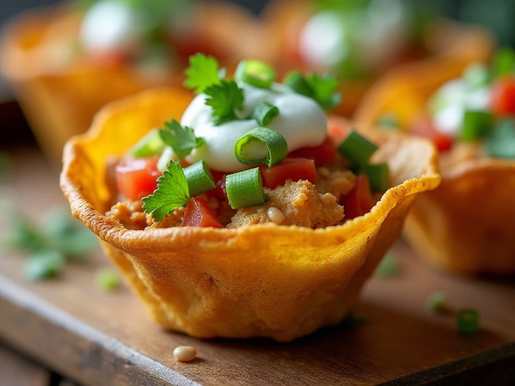 Chicken taco cup topped with cilantro tomato jalapeno and yogurt