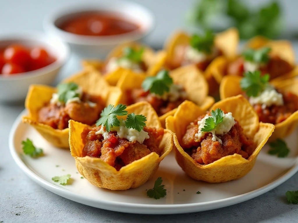 Chicken taco cups served with salsa and fresh toppings