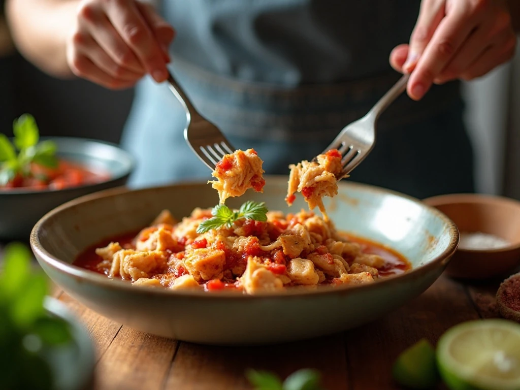 Shredding salsa-seasoned chicken for tacos