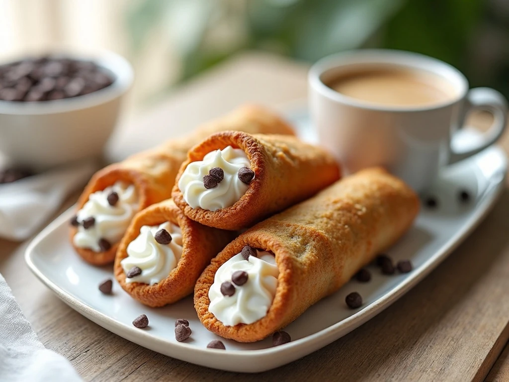 Chocolate chip cookie cannolis filled with sweet ricotta cream