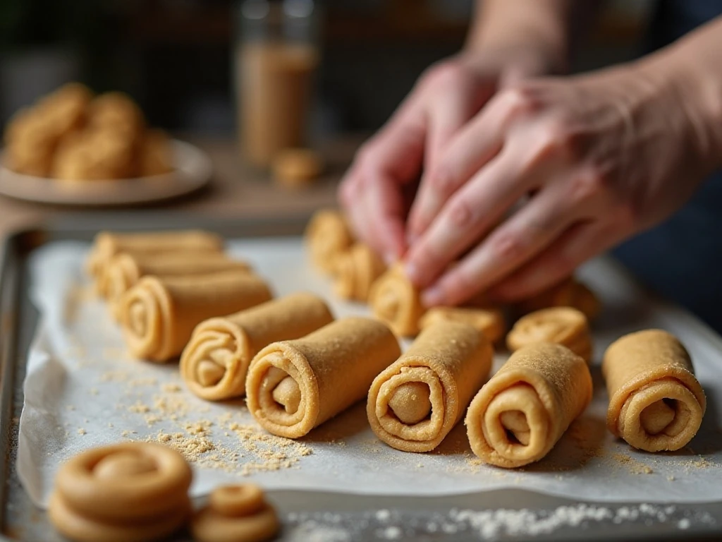 Cookie dough wrapped around metal cannoli tubes before baking