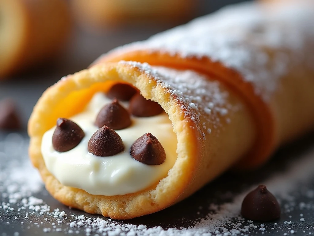 Close-up of ricotta-filled chocolate chip cookie cannoli with sugar dusting