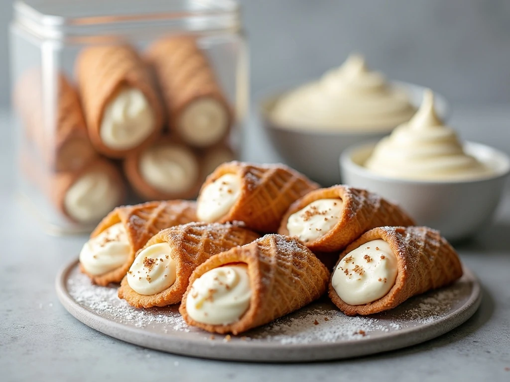Cookie cannoli shells and ricotta filling prepared separately