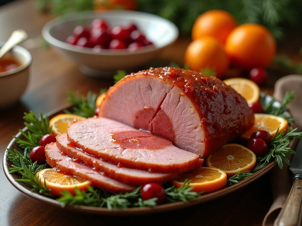 Sliced Weight Watchers citrus and cranberry ham served on a holiday platter