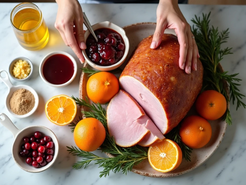 Ingredients for citrus cranberry ham glaze arranged for cooking