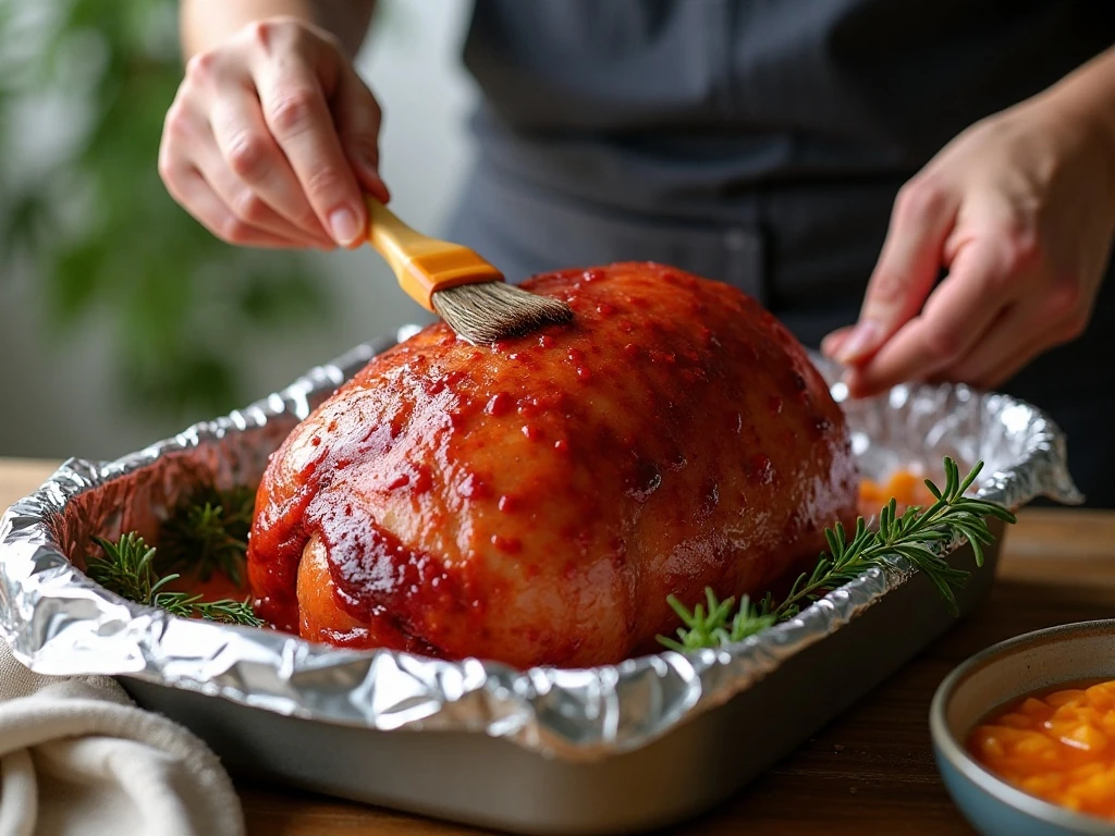 Brushing cranberry orange glaze over ham before baking