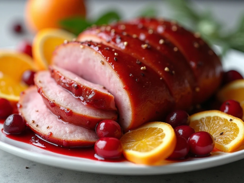 Cranberry orange glazed ham garnished with oranges and cranberries