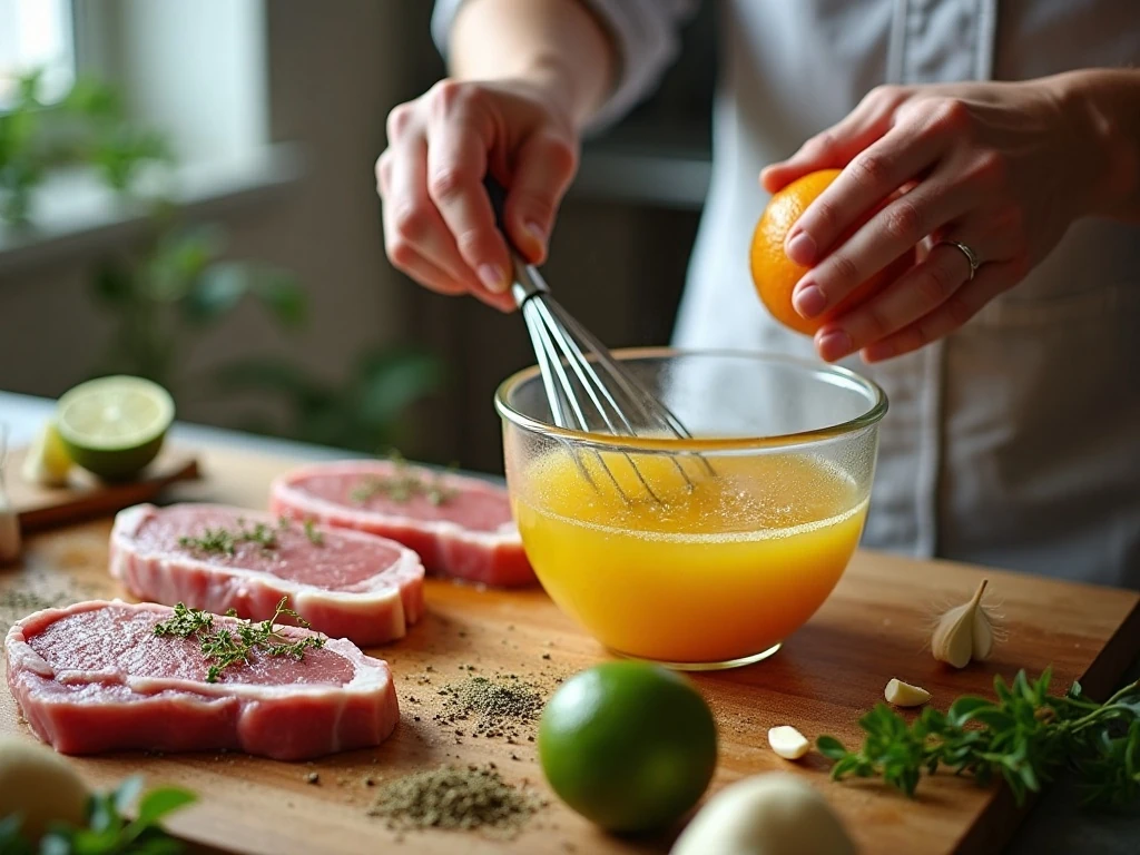 Preparing the citrus garlic marinade for Cuban pork chops