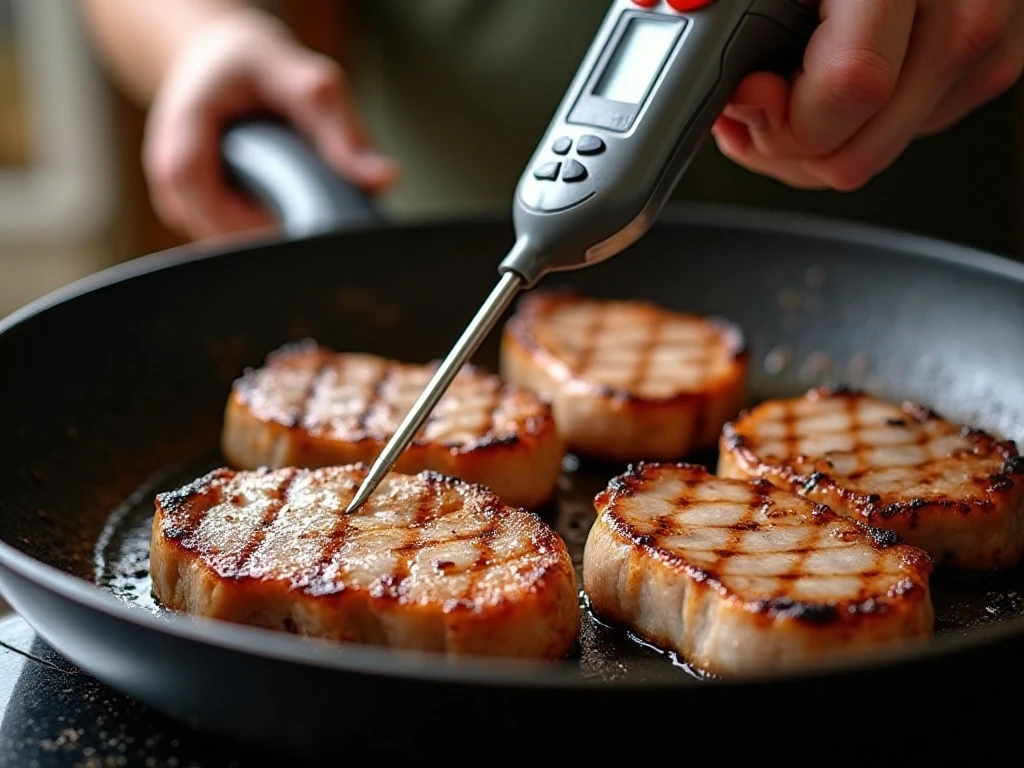 Checking Cuban pork chops with an instant-read thermometer