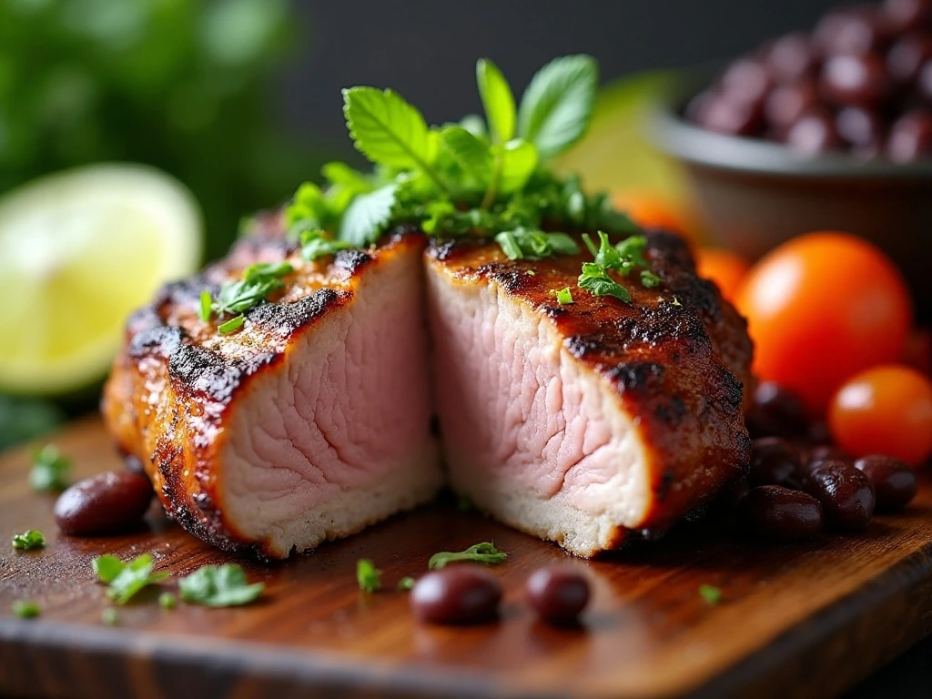 Sliced Cuban pork chop with lime garnish and colorful sides