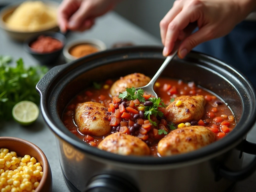 Layering chicken, salsa, beans, and corn in a slow cooker