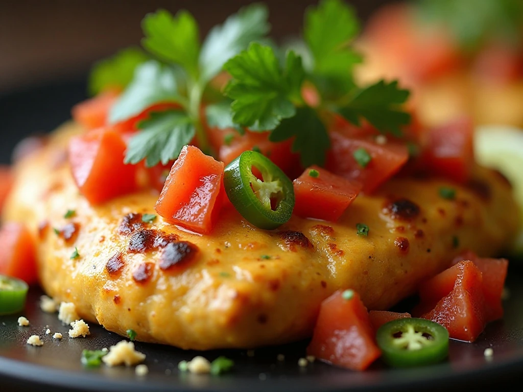 Fiesta chicken with cilantro tomatoes jalapeno and cheese toppings