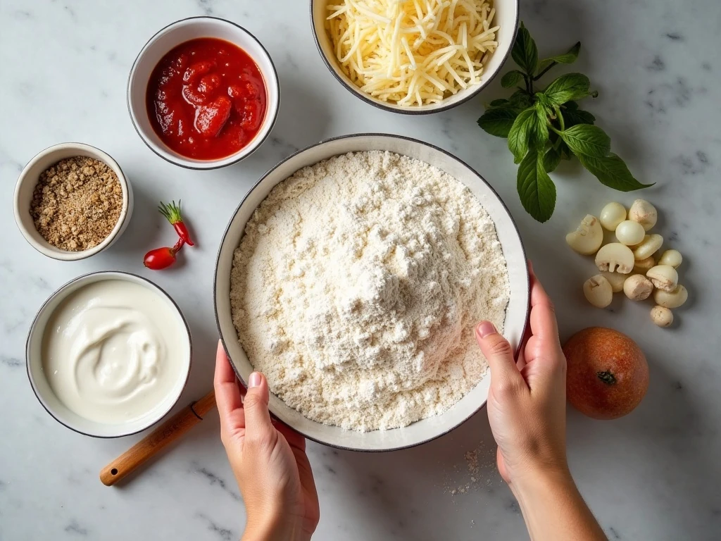 Ingredients for Greek-yogurt pizza and vegetable toppings