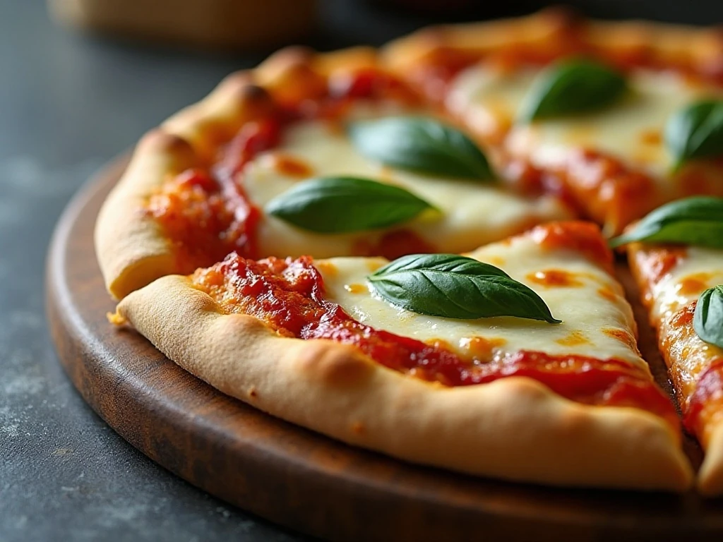 Crisp pizza crust with melted mozzarella and vegetables