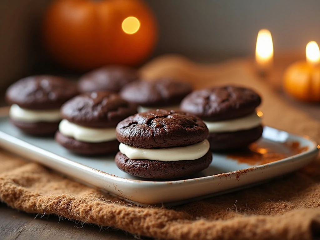 Chocolate pumpkin whoopie pies arranged on a serving platter