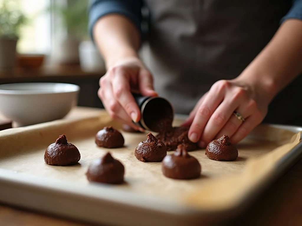 Scooping chocolate pumpkin whoopie pie batter onto a baking sheet