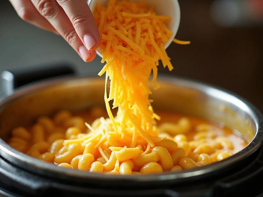 Freshly shredded cheese melting into Instant Pot macaroni
