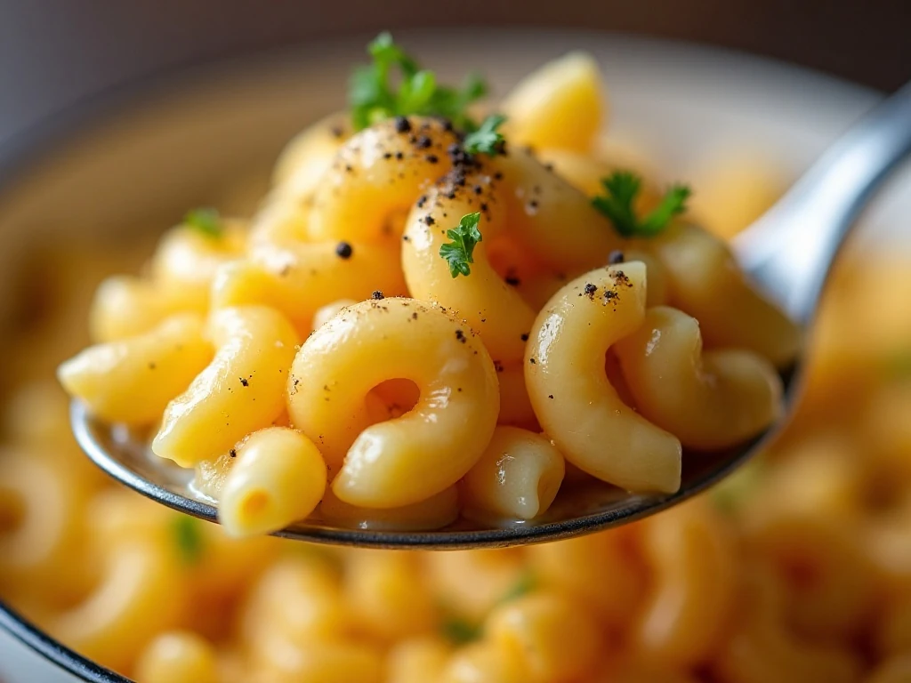 Close-up of cheesy macaroni with Parmesan and black pepper
