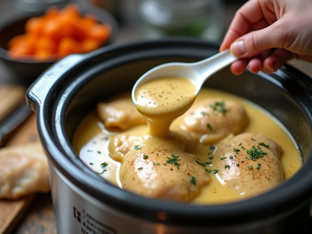 Whisking the creamy Italian chicken sauce before slow cooking