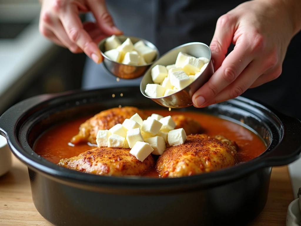 Adding cubed cream cheese near the end of cooking
