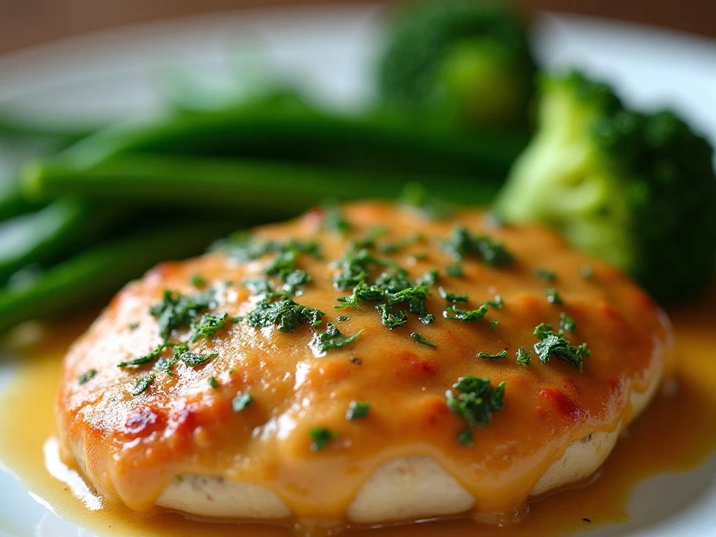 Italian chicken with creamy sauce, broccoli, and green beans