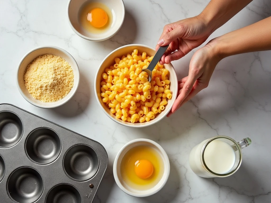 Ingredients for baked Weight Watchers mac and cheese donuts arranged beside a doughnut pan